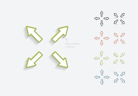 Set of vector paper cut arrows. Easy to move shadow. White color arrow with red, green, blue outline...