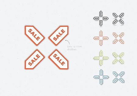 Set of vector paper cut arrows. Easy to move shadow. Different color arrow modern style on paper texture background. Design element illustration for web, ui, poster, shop sale badge, presentation.のイラスト素材