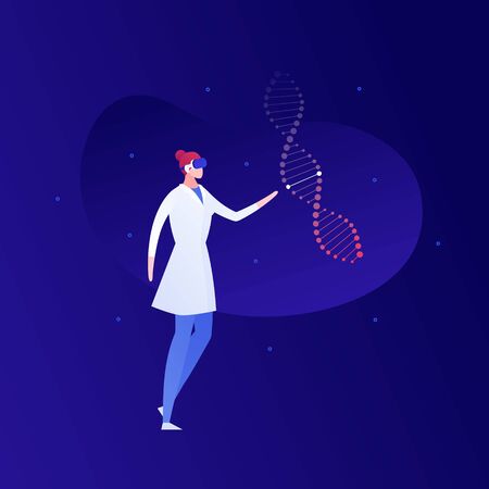 Vector science virtual reality person illustration. Female in coat and vr glasses with dna helix. Concept of innovation in research technology, biology, genetic. Design element for poster, flyer, webのイラスト素材