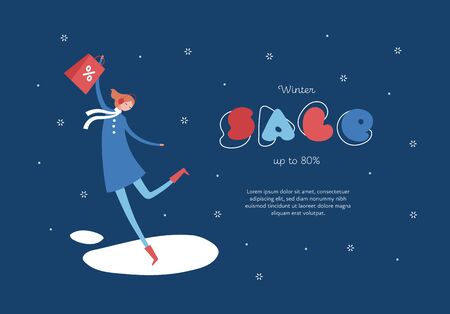 Vector flat christmas sale banner illustration template. People illustration. Cute female in coat with funny text with shopping discount bag ice scate. Design element for poster, greeting card, webのイラスト素材