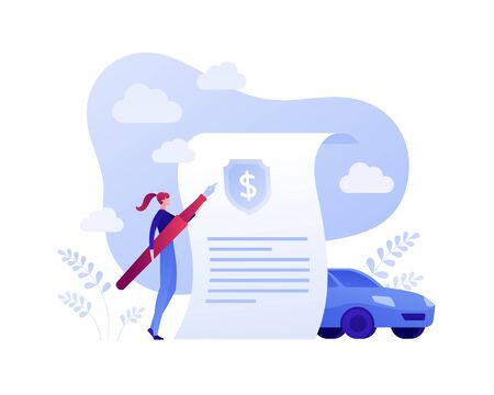 Car, transport and travel policy insurance business concept. Vector flat person illustration. Woman holding pen, document with dollar symbol, vehicle sign. Design element for banner, poster, web.のイラスト素材