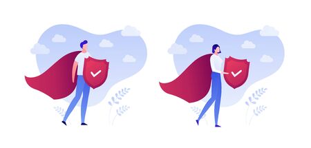 Insurance business. Super protection policy concept. Vector flat person illustration. Male and female superhero in red hero coat with shield on white background. Design element for banner, poster, webのイラスト素材