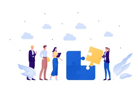 Business teamwork brainstorm concept. Vector flat person illustration. Group of employee people with female holding jigsaw puzzle piece isolated on white. Design element for banner, background.のイラスト素材