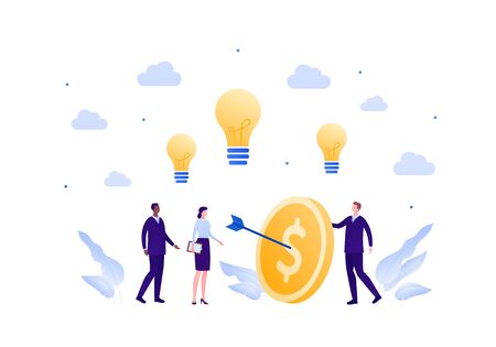 Business teamwork success concept. Vector flat person illustration. Group of businessman and woman in suit hit coin target with arrow and idea light bulb sign. Design element for banner, background.のイラスト素材