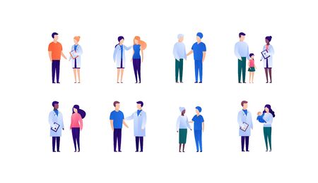 Doctor and patient support concept. Vector flat medical person illustration set. Collection of different young, adult and senior people. Doctor medicine profession. Design element for banner, poster.のイラスト素材