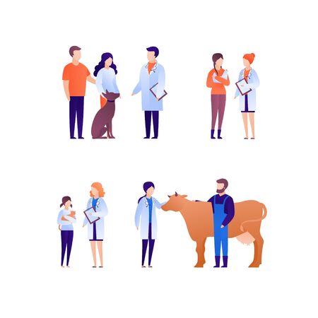 Doctor and patient veterinary concept. Vector flat medical person illustration set. People with animal pet on checkup. Dog, cat and cow. Design element for banner, poster.のイラスト素材