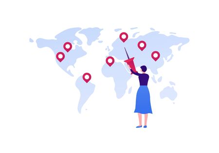 Business global tourism and media reporter concept. Vector flat person illustration. Female holding pin and map with location mark sign. Design element for banner, poster, background.のイラスト素材