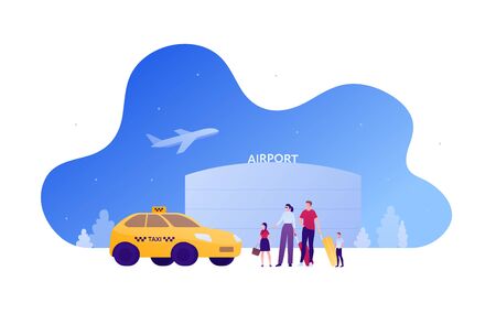 Taxi airport service concept. Vector flat person illustration. Yellow taxi car and family with kids and luggage.のイラスト素材