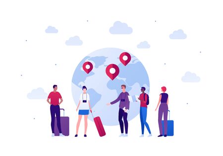 Travel around world concept. Vector flat person illustration. Group of multienthic men and women with baggage, camera, phone, guide. World map with pin. Design element for banner, background, sketch.のイラスト素材
