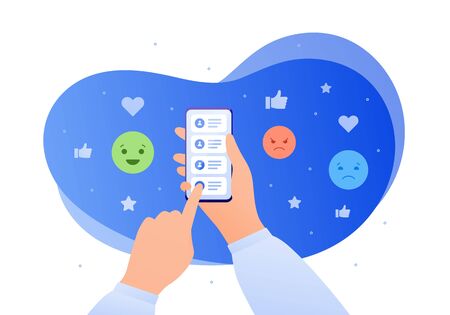 Smart phone use concept. Vector flat illustration. Human hand holding cellphone. Customer feedback with happy, sad and anger emoji sign. Design element for banner, poster, ui, web, presentation.のイラスト素材