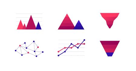 Infographic element collection. Vector flat color illustration set. Line, pyramid, funnel chart isolated on white background. Sociogram diagram. Design for ui, science poster, marketing, presentationのイラスト素材
