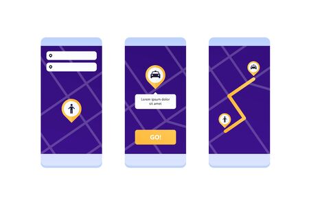 Taxi service concept. Vector flat illustration set. Collection of mobile phone with taxi app. Design element for banner, poster, ui, web, online application.のイラスト素材