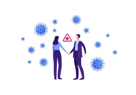 Coronavirus and virus disease pandemic concept. Vector flat person illustration. Businessman in suit handshake with woman. Infection attention sign. Design for medicine infographic, banner.のイラスト素材