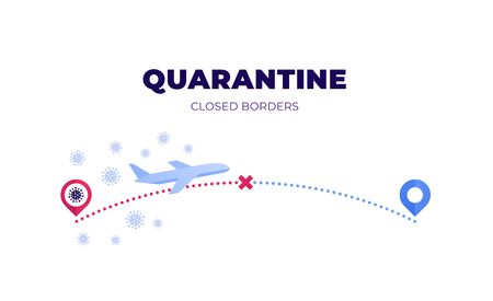 Coronavirus and quarantine virus disease concept. Vector flat illustration. Airplane on dotted route between map pin sign. Horizontal banner template. Design element for medicine ui, presentation.のイラスト素材