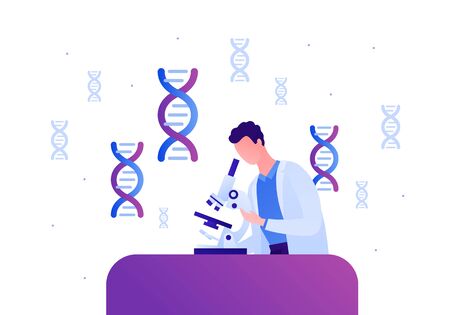 Science genetic laboratory concept. Vector flat person illustration. Man scientist in lab white coat with microscope on desk. DNA gradient blue color sign. Design for medicine banner, posterのイラスト素材