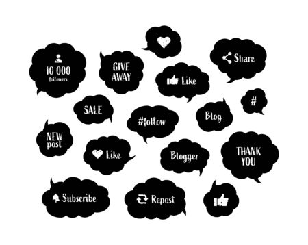 Social media icon set. Black and white post and banner template concept. Vector flat illustration. Group of talk bubble symbol useful for blogger. Design element for banner, button, ui.のイラスト素材