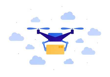 Drone flying aviation and unmanned logistic service concept. Vector flat illustration. Robot delivery package fly in sky on white background. Design for banner, poster, infographic.のイラスト素材