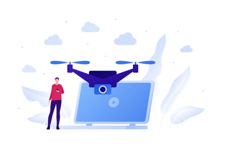 Drone aviation and unmanned flying camera concept. Vector flat person illustration. Robot photographer with man controller hold smartphone. Laptop computer sign. Design for banner, infographic.のイラスト素材