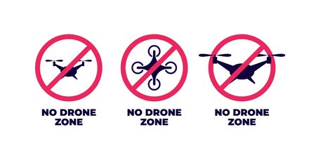 Drone flying aviation concept. Vector flat illustration set. Collection of circle red warning sign with forbidden drone isolated on white background. Design for banner, poster, webのイラスト素材