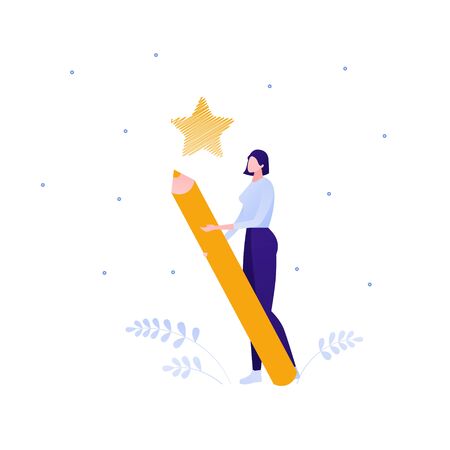 Social media marketing and customer support service character concept. Vector flat person illustration. Woman hold yellow pen and gold star symbol icon. Design element for banner, web, infographic.のイラスト素材