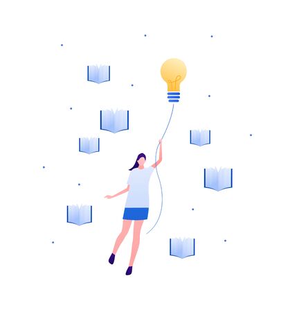 Student education and success concept. Vector flat illustration. Young adult woman fly and hold lightbulb insight idea symbol. Book sign on background. Design element for banner, web, infographic.のイラスト素材