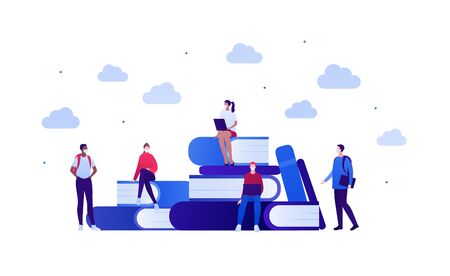 Student lifestyle in pandemic concept. Vector flat person illustration. Group of multi-ethnic young adult in face mask. Book, laptop, pen sign. Design for college banner, school web, infographicのイラスト素材