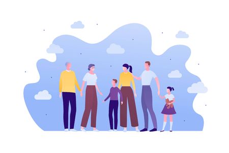 Big family relationship and support concept. Vector flat person illustration. Parents with kids talking with grandparents. Young, adult and senior character. Design element for banner, infographic.のイラスト素材