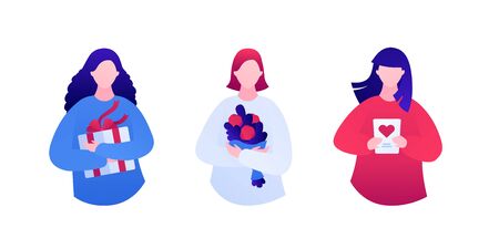 Gift for woman concept. Vector flat people illustration set. Collection of female hold gift box, flower bouquet, greeting card with heart. Design for birthday, mother, woman and valentine day holiday.のイラスト素材