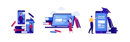 Online education and science library concept. Vector flat illustration set. Collection with people student, smart phone mobile app and commucation element. Design for college, school, academic bannerのイラスト素材