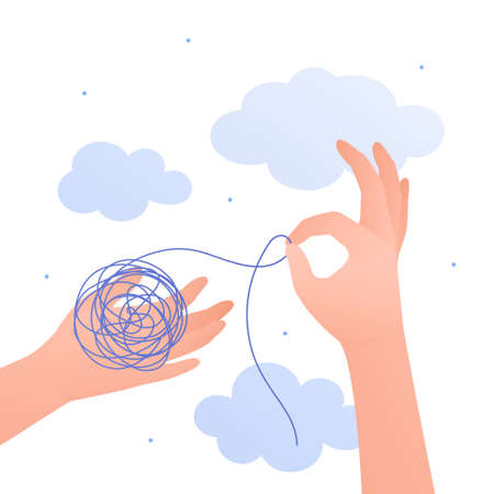 Psychology, emotion and psychotherapy concept. Vector flat illustration. Mental health treatment metaphore. Human hand untangle tangeled thread. Design for banner, web.のイラスト素材