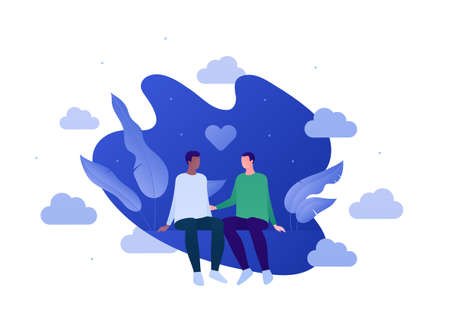 Love relationship and lgbt romantic date concept. Flat person illustration set. Multiethnic characters. Cute male couple sitting. Heart shape sign.のイラスト素材