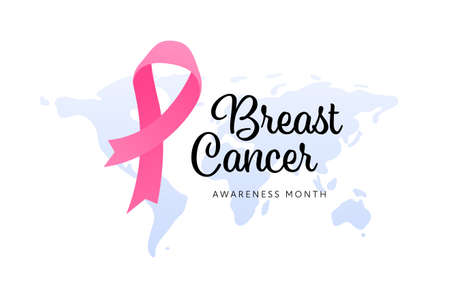 Breast cancer prevention concept. Vector flat illustration. Healthcare horizontal banner template. Pink ribbon symbol with text on world map. October cancer awareness month. Design elementのイラスト素材