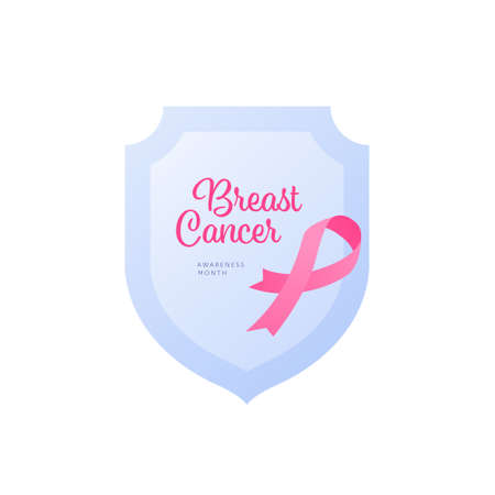 Breast cancer prevention concept. Vector flat illustration. Banner template. Pink ribbon symbol with text on shield sign. October cancer awareness month. Design for healthcare banner, web, infographicのイラスト素材