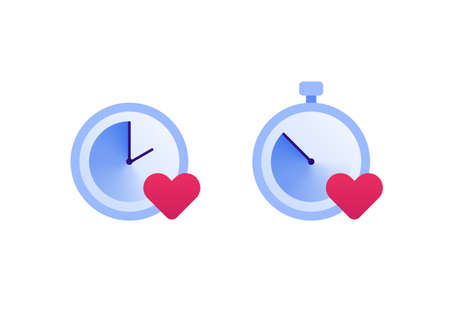 Falling in love, relationship and speed dating concept. Vector flat icon illustration set. Couple of clock sign with heart love symbol. Design element for banner, web, app.のイラスト素材
