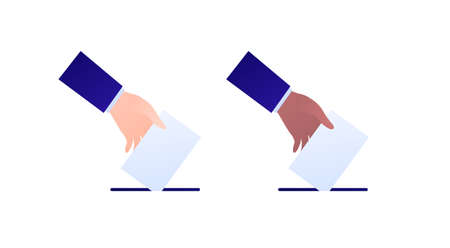 Democratic vote and election day concept. Vetcor flat illustration set. Human hand drop vote paper to box. White and african american black skin color. Design for campaign, web, infographic.のイラスト素材