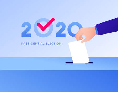 Democratic vote and election day concept. Vetcor flat illustration. Human hand drop vote paper to box with 2020 text and checkmark. Design for campaign banner, web, infographic.のイラスト素材