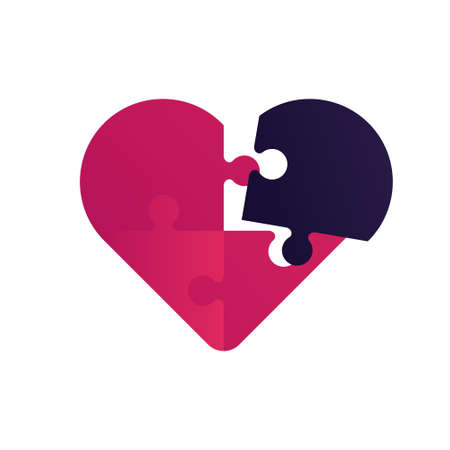 Emotion, relatioship and psychology concept. Vector flat illustration. Red heart silhouette of 4 jigsaw piece isolated on white. Love, bond, support and generosity symbol. Design for banner.のイラスト素材