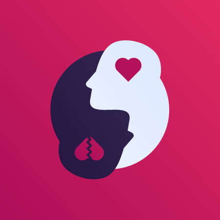 Mental help, psychotherapy and depression emotion concept. Vector flat illustration. Human head silhouette with heart broken symbol. Design element for psychology banner, poster .のイラスト素材