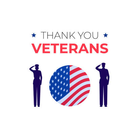 Veteran day holiday banner template. Vector flat illustration. "Thank you veterans" text on white background. Man and woman soldier silhouette salute. American flag sign in circle frame.のイラスト素材