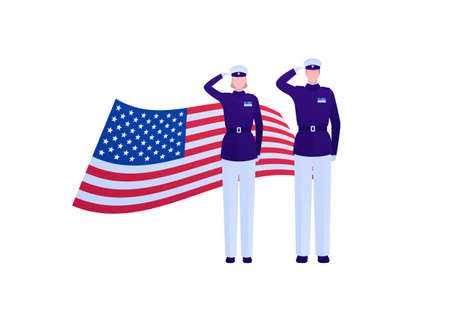 Veteran day and fourth july holiday concept. Vector flat illustration. Man and woman soldier in mess uniform salute. American flag waving sign on white background. Design element for banner, web.のイラスト素材