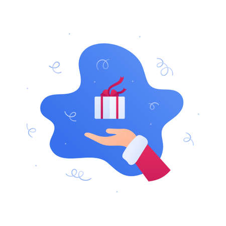 Christmas and new year gift concept. Vector flat illustration. Santa claus red hand holding white gift box with ribbon and bow. Design element for banner, poster, web holiday sale ad.のイラスト素材