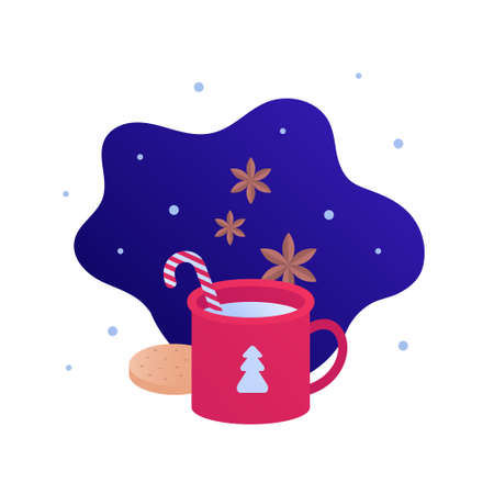 Christmas and new year winter symbol concept. Vector flat illustration. Red cup with drink, cookies candy stick. Blue sky snow background. Design for banner, poster, web holiday sale adのイラスト素材