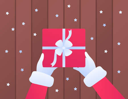Christmas and new year gift concept. Vector flat illustration. Santa claus hands holding red gift box with white ribbon bow on wooden background with snow. Design for banner, poster, web holiday sale.のイラスト素材