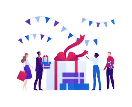 Diversity holiday celebration concept. Friends, family or corporate team people group. Vector flat person illustration. Mixed company of men and women with stack of gift box. Design for event, banner.のイラスト素材