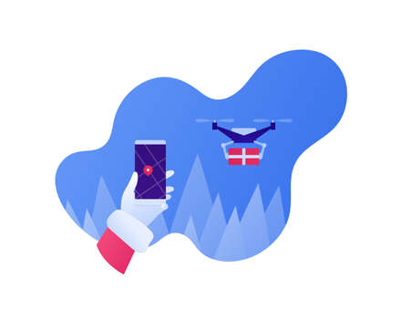 Holiday gift drone package delivery service concept. Vector flat illustration. Flying unmanned robot holding giftbox. Hand in santa claus glove with smartphone. Design for christmas banner, web.のイラスト素材