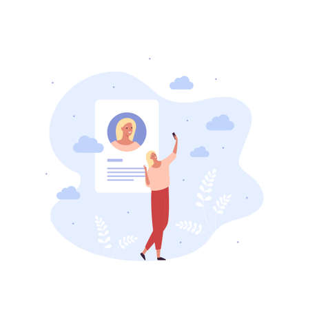 Social media blogger lifestyle concept. flat people modern illustration. Smiling happy woman standing, hold smart phone and do selfie. Profile symbol. Design element for banner, web.のイラスト素材