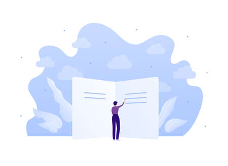 Female writer character concept. Vector flat people illustration. Standing woman write on paper. Design element for business or education banner, web.のイラスト素材