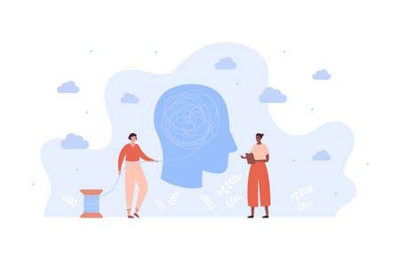 Mental health care concept. Vector flat people character illustration. Female patient and african...
