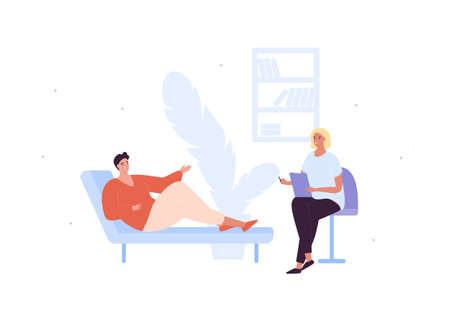 Mental health care concept. Vector flat people character illustration. Man patient lying on sofa and woman therapist meeting in psychotherapy office room. Psychological therapy and psychiatry.のイラスト素材