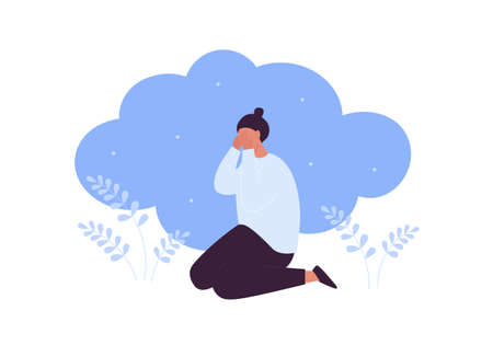 Sad and depression emotion concept. Vector flat people illustration. Woman sitting lonely in frustrated depressed pose. Symbol of negative feeling, grief, ptsr, anxiety, mental disorder.のイラスト素材